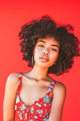 Latin young woman with afro hair wearing a red top and big earrings looking at camera. Isolated on red background.