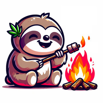 Illustration of a cartoon spotty bear roasting a campfire