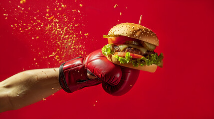 a Red Boxing Glove kicking a Hamburger on Red Background. Healthy alimentation lifestyle concept