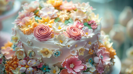 A whimsical birthday cake adorned with edible flowers and fondant decorations, its intricate design a testament to the skill and creativity of the baker who crafted it with love and care.