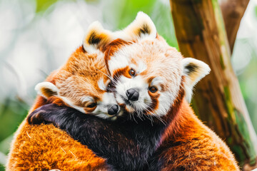 Two red pandas are snuggled together in a tree, showcasing their bond and social behavior in the wild.