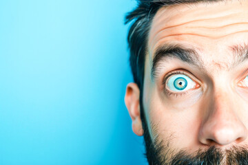 Crop shot of a caucasian man with blue eyes and shocked expression looking at camera. Isolated on blue background. Close up with copy space.
