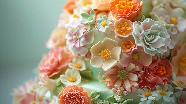 A whimsical birthday cake adorned with edible flowers and fondant decorations, its intricate design a testament to the skill and creativity of the baker who crafted it with love and care.
