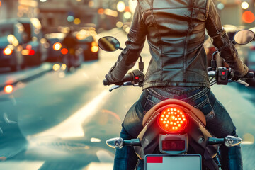 Rear view of a woman in leather jacket confidently rides a motorcycle down a bustling city street, surrounded by buildings and traffic. Copy space.