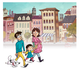 Familia feliz caminando con su perro por la ciudad