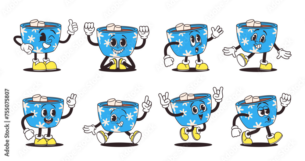 Poster retro groovy cocoa mug characters with marshmallows vector set. vibrant, quirky cup with bold colors