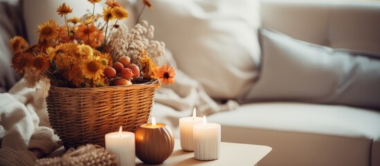 Fototapeta na wymiar A cozy autumn-themed arrangement featuring a wicker basket filled with flowers and candles placed on a coffee table in a living room interior.