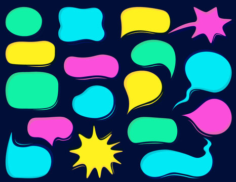 Set of stickers with empty speech bubbles, various shapes, bright colors, hand drawn fonts. Adding texture, Abstract modern vector illustration