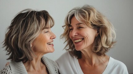 Two mature women laughing on a light background