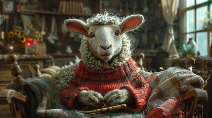 A sheep knitting sweaters from its own wool in a cozy cottage - obrazy, fototapety, plakaty