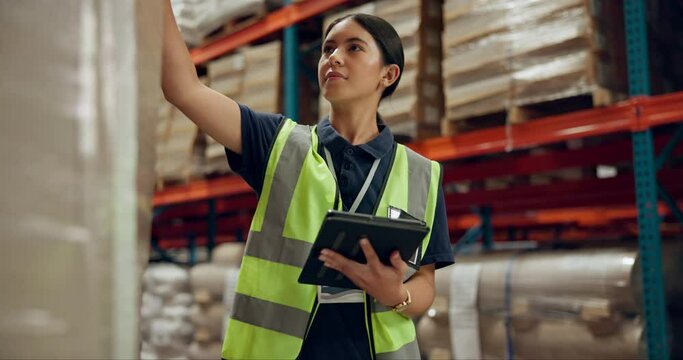 Woman, box and inventory inspection with tablet for logistics, shipping or storage management at warehouse. Female person or depot inspector with technology for stock count, checklist or supply chain
