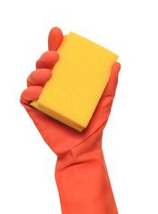 Hand glove holding cleaning sponge isolated on transparent layered background. - 755077460