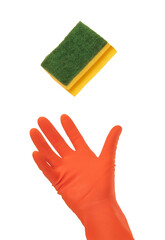 Hand glove holding cleaning sponge isolated on transparent layered background. - 755077461