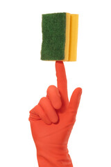 Hand glove holding cleaning sponge isolated on transparent background. - 755077692