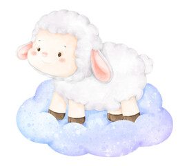watercolor cute sheep on cloud