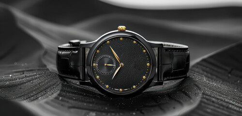 Delicate pastel monochrome black mockup gold luxury wristwatch background with fire black luxury wristwatch and black sand dune on a black background