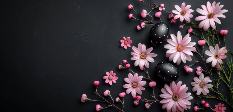 top view,Delicate pastel monochrome black Easter background with Easter black eggs and spring pink flowers on a black background with white text happy easter