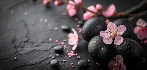 top view,Delicate pastel monochrome black Easter background with Easter black eggs and spring pink flowers on a black background with white text happy easter