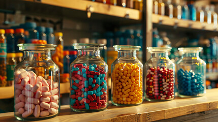 Fototapeta na wymiar Unlabeled medicine bottles and capsules colorful