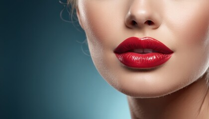 Close-up of a person's lower face, showcasing clear complexion against a blue background. Image captures detail of skin texture, lips, used for skin care promotion.