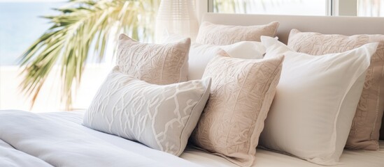 A bed covered with a variety of pillows neatly arranged on top, creating a decorative and cozy look in a bedroom interior.