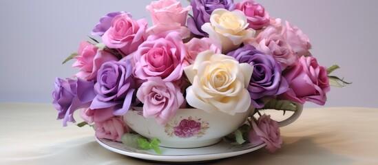 Obraz na płótnie Canvas A beautiful bouquet of pink and purple roses arranged in a cup and saucer, adding a touch of elegance to the table