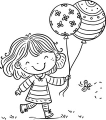 Cute cartoon little girl with balloons walking outdoors. Coloring book page for kids. Outline vector illustration