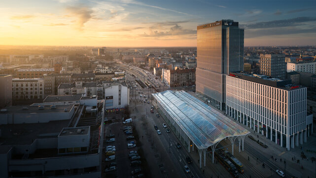 sunset in city ł&oacute;dź