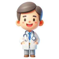 Fototapeta premium 3D illustration of a cute, stylized doctor character in a lab coat with a stethoscope.