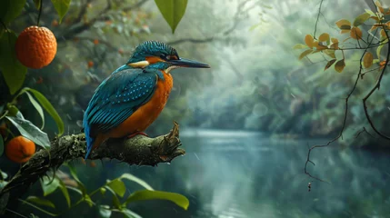 Tuinposter Vibrant kingfisher perched on a branch © Asad