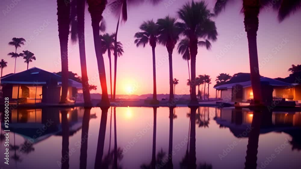 Poster palm trees reflecting in pool at sunset generative ai