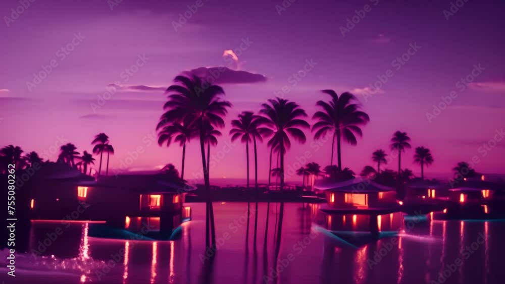 Aufkleber palm trees reflecting in pool at sunset generative ai