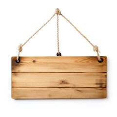 wooden sign hanging on ropes, white background, professional photo сreated with Generative Ai
