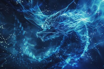 A computer-generated blue dragon in a technology, business, or science setting.