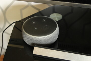 smart speakers virtual assistant on a black television stand in a living room