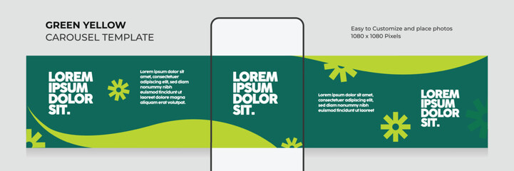 Geometric carousel template. social media seamless square post. healthy. food. green. yellow. microblog. modern. clean. minimal. advertising. leaflet. brand. eps vector illustration