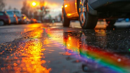 Oil stain on the asphalt, rainbow-shaped colored gasoline stains on an asphalt road as a texture or background. Oil spill on dark asphalt, parking lot.