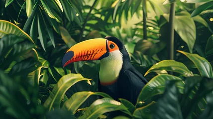 Rolgordijnen Vibrant toucan perched amidst tropical fruits © Asad