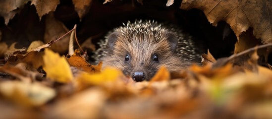 A terrestrial animal known as a hedgehog is concealed in a mound of leaves. With whiskers and a snout, this rodent is hiding from potential predators like grasshopper mice in its natural habitat