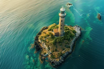 Foto op Aluminium A lighthouse stands in the center of an island surrounded by the sea. © pham