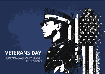 veterans day, banner, saluting soldier on the background of the flag. Honoring all who served	