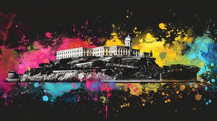 Notable building  with colorful paint splash techniq, isolated on black backgound Generative AI