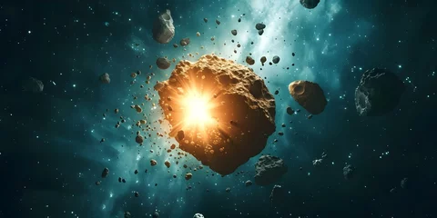 Fotobehang Astronomical Threat: Colossal Asteroids on a Collision Course in Outer Space. Concept Astronomy, Asteroids, Collision Course, Outer Space, Threats © Ян Заболотний