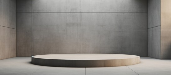 An empty room with bare concrete walls and steps leading up to a podium. The room is stark and industrial, with clean lines and a minimalist aesthetic.