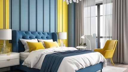 Modern interior of bedroom with beige blue and yellow colors