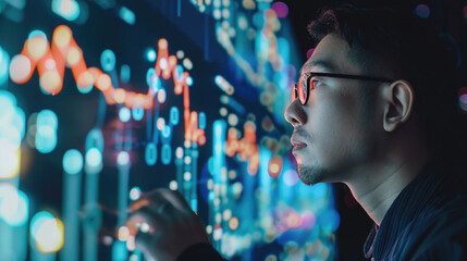 Asian businessman looking at computer screen doing analysis using BI tools