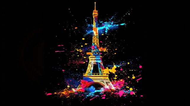 Notable building Eifel tower in Paris with colorful paint splash techniq, isolated on black backgound Generative AI