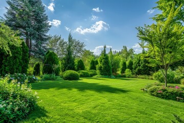 A manicured green lawn surrounded by trees and bushes on a bright summer day.