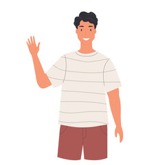 Fototapeta premium Happy guy saying hello and waving. Vector illustration. Flat design. Isolated on white background 