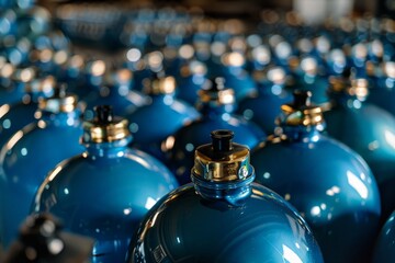 Cluster of tightly packed blue propane gas bottles in an industrial setting, with selective focus creating depth. - obrazy, fototapety, plakaty